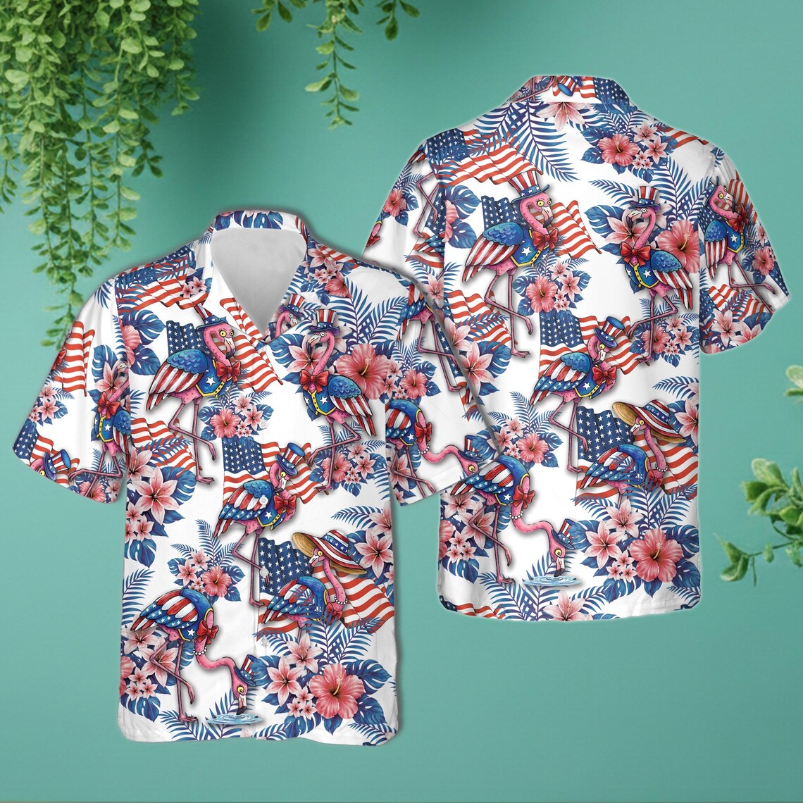 Patriotic Flamingo American Flag Hawaiian Shirt, Tropical Uncle Sam Bird Print, USA Pride Button Up, Funny 4th of July Summer Top