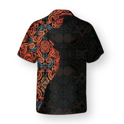 Polynesian Tribal Hawaiian Shirt, Black Orange Tiki Tattoo Aloha Button Up