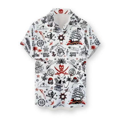 Pirates Hawaiian Shirt White, Nautical Skull Crossbones Ship Compass Print