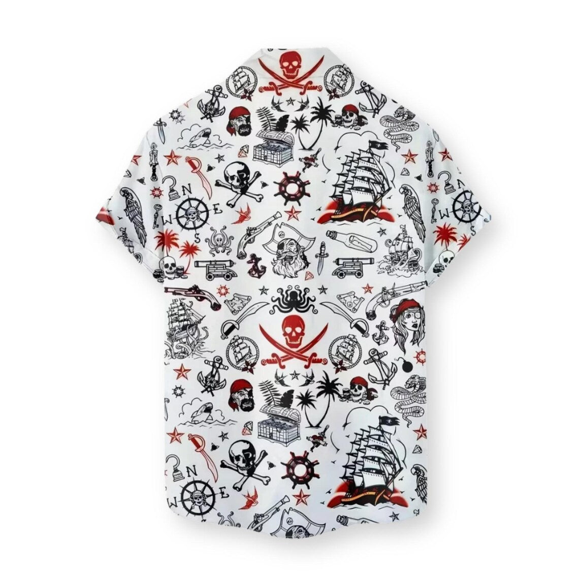 Pirates Hawaiian Shirt White, Nautical Skull Crossbones Ship Compass Print