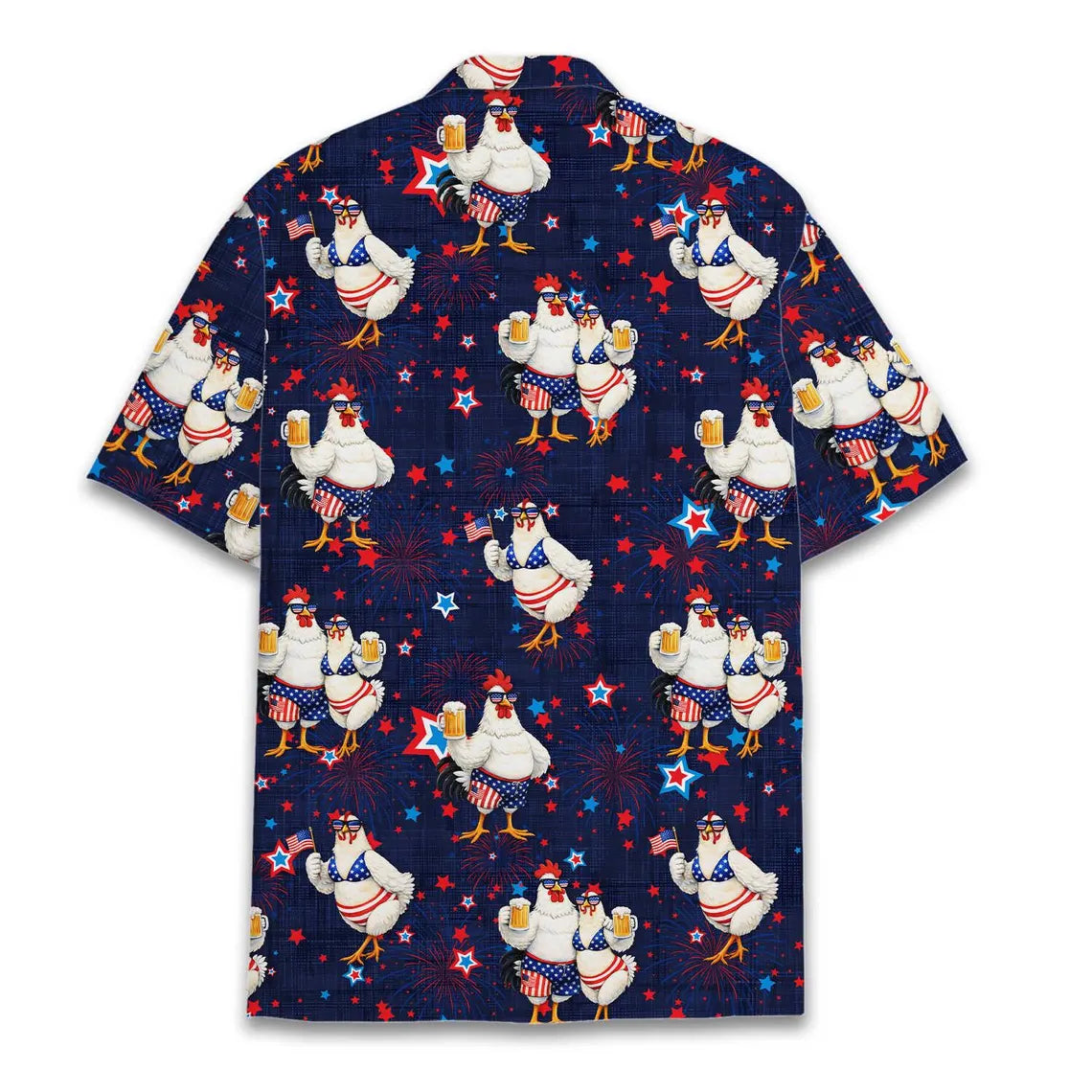 Funny Patriotic Chicken Hawaiian Shirt Men Women, 4th Of July Rooster Aloha Shirt, USA Fireworks Beer Party Button Down