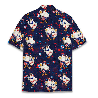 Funny Patriotic Chicken Hawaiian Shirt Men Women, 4th Of July Rooster Aloha Shirt, USA Fireworks Beer Party Button Down