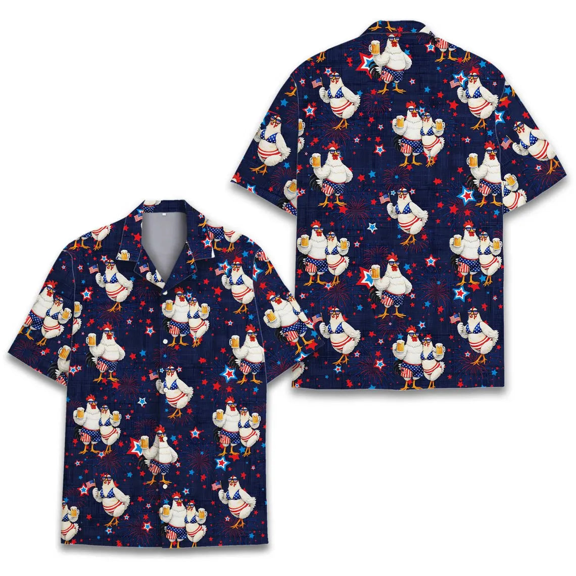 Funny Patriotic Chicken Hawaiian Shirt Men Women, 4th Of July Rooster Aloha Shirt, USA Fireworks Beer Party Button Down
