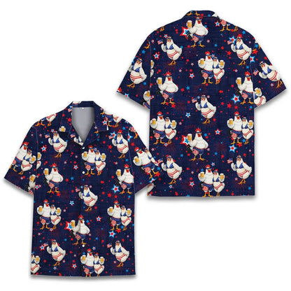 Funny Patriotic Chicken Hawaiian Shirt Men Women, 4th Of July Rooster Aloha Shirt, USA Fireworks Beer Party Button Down