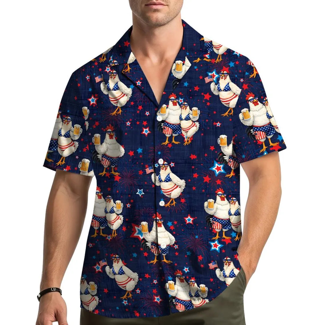 Funny Patriotic Chicken Hawaiian Shirt Men Women, 4th Of July Rooster Aloha Shirt, USA Fireworks Beer Party Button Down