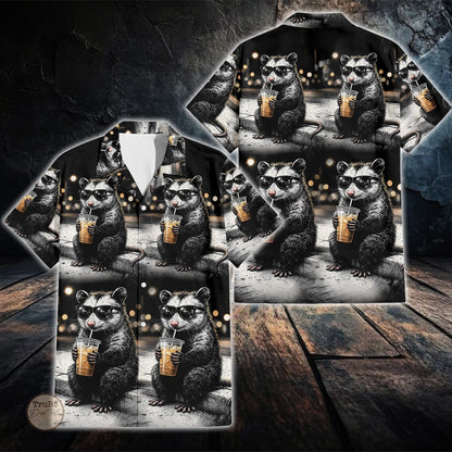 Retro Opossum Drinking Coffee Hawaiian Shirt Men Women Youth, Funny Opossum Aloha Shirt, Meme Animal Graphic Shirt