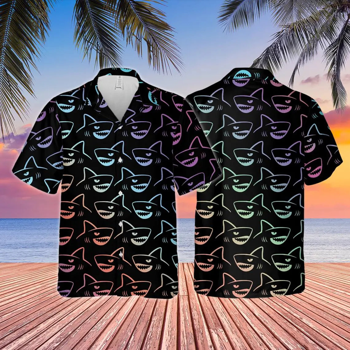 Neon Shark Hawaiian Shirt For Men Women Youth, Shark Aloha Shirt Short Sleeve Button Down