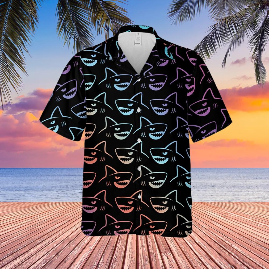 Neon Shark Hawaiian Shirt For Men Women Youth, Shark Aloha Shirt Short Sleeve Button Down