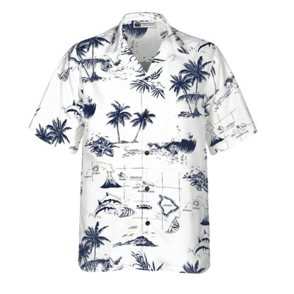 Hawaiian Map Hawaiian Shirt for Men, White & Navy Palm Tree Aloha Button Up