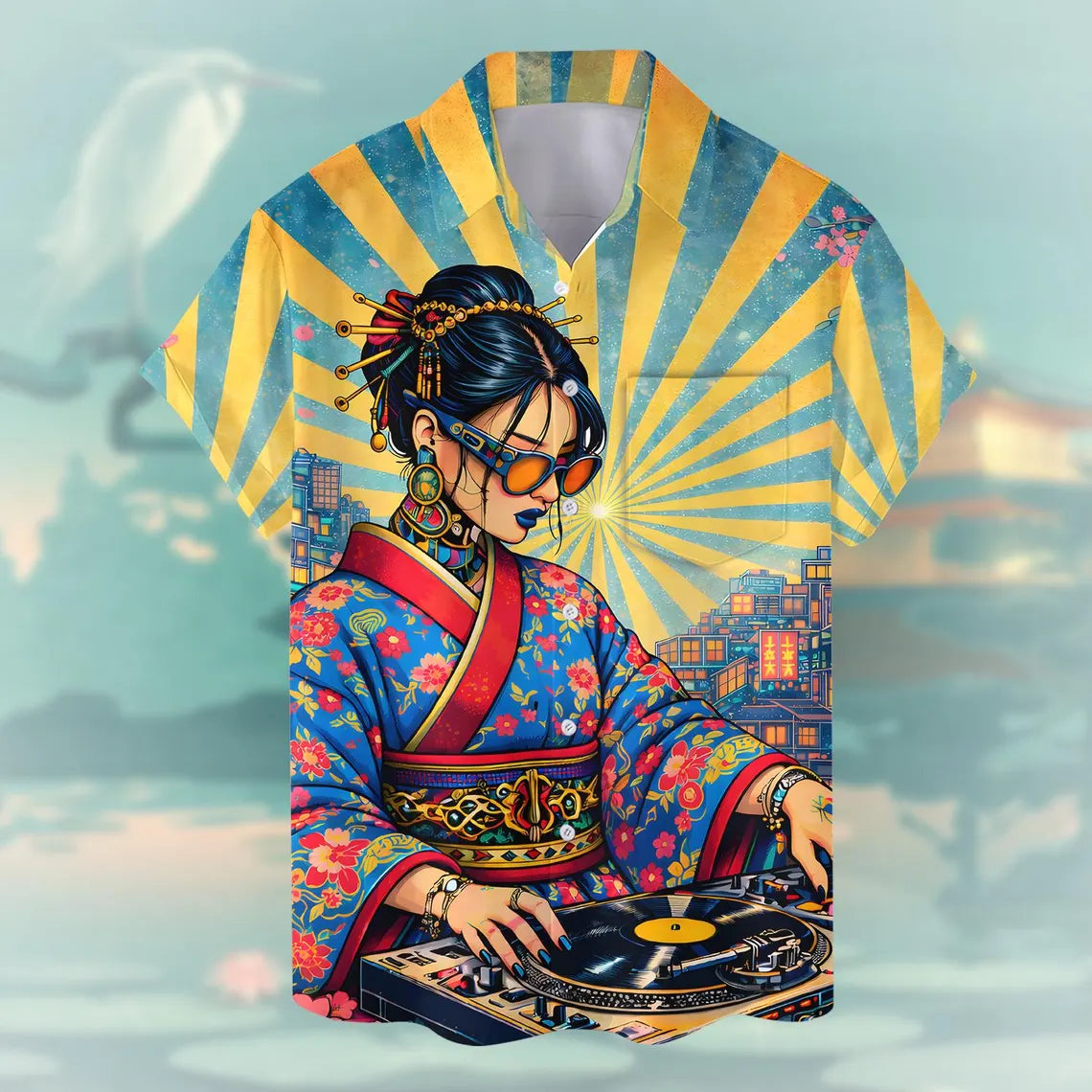 DJ Geisha Pocket Hawaiian Shirt for Men Women, Japanese Culture Music Aloha Shirt Button Down