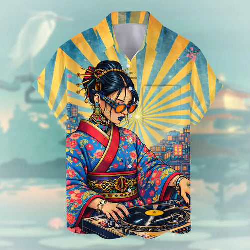 DJ Geisha Pocket Hawaiian Shirt for Men Women, Japanese Culture Music Aloha Shirt Button Down