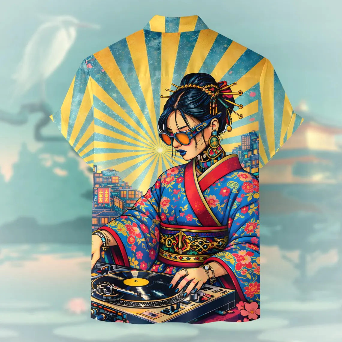 DJ Geisha Pocket Hawaiian Shirt for Men Women, Japanese Culture Music Aloha Shirt Button Down