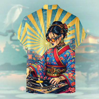 DJ Geisha Pocket Hawaiian Shirt for Men Women, Japanese Culture Music Aloha Shirt Button Down