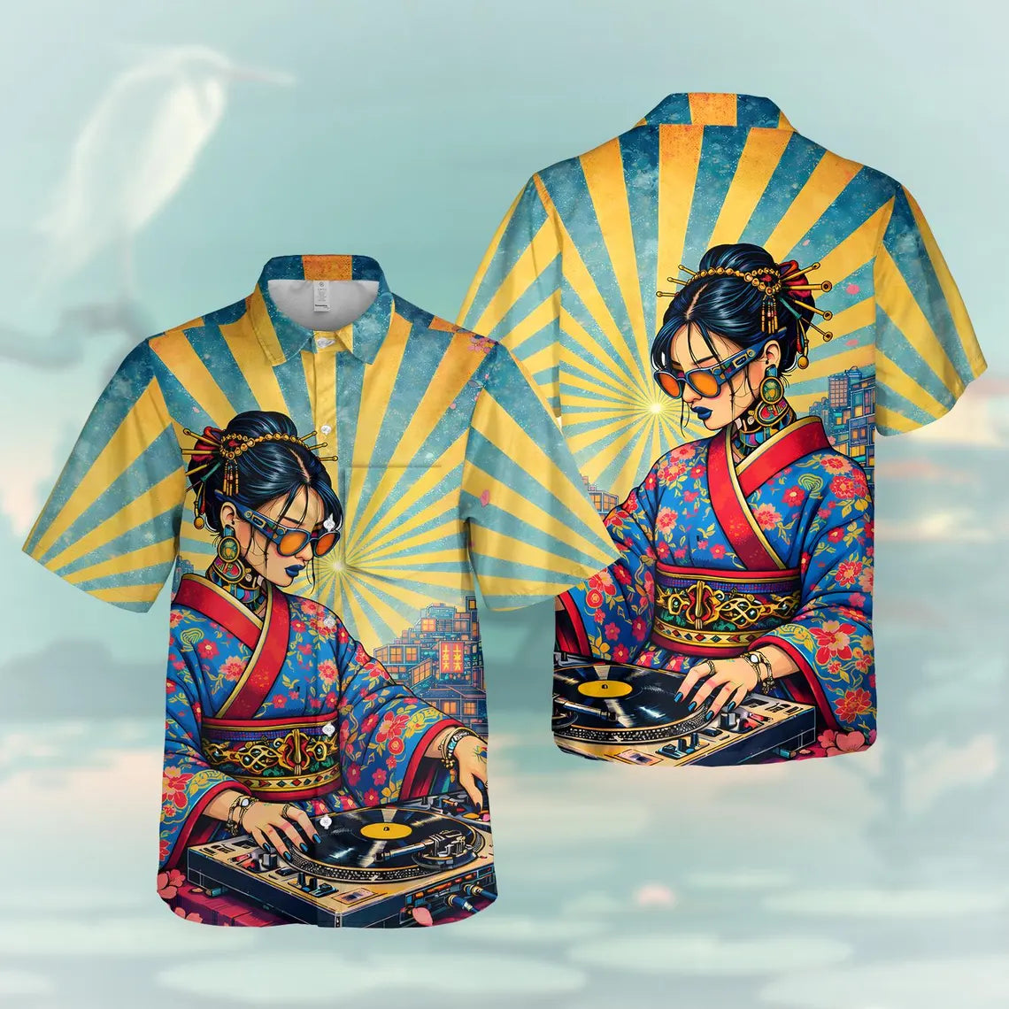DJ Geisha Pocket Hawaiian Shirt for Men Women, Japanese Culture Music Aloha Shirt Button Down