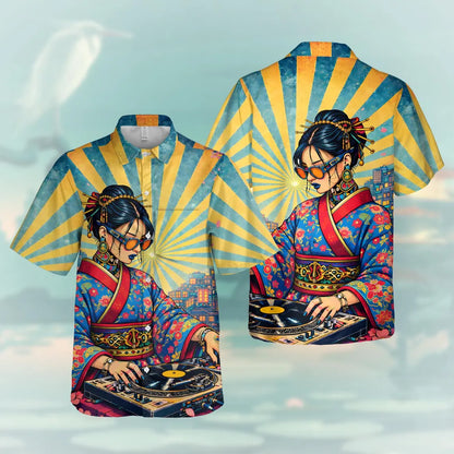 DJ Geisha Pocket Hawaiian Shirt for Men Women, Japanese Culture Music Aloha Shirt Button Down