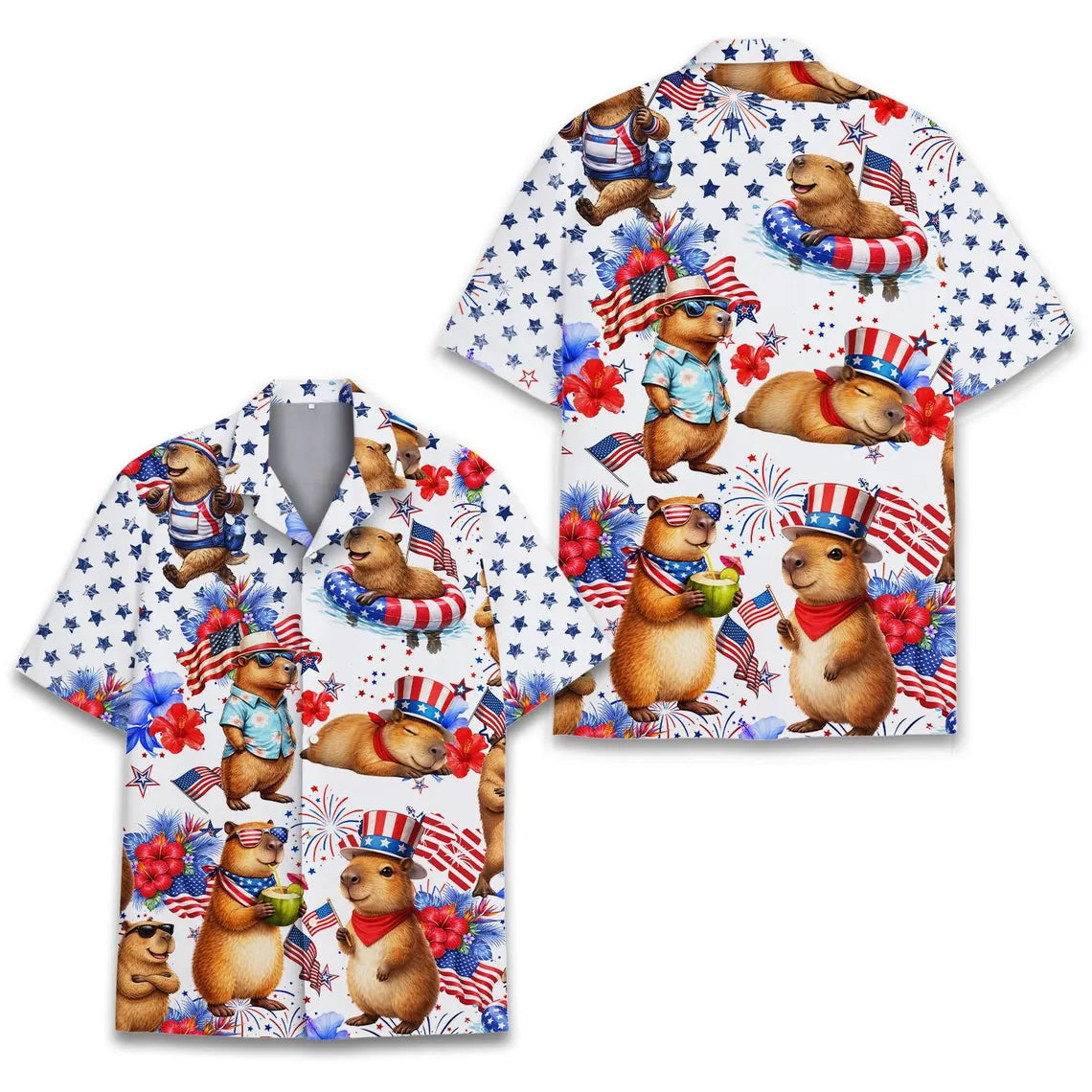 Patriotic Capybara Hawaiian Shirt Men Women Youth, 4th Of July USA Aloha Shirt Button Up, American Flag Shirt, Animal Lover Gift