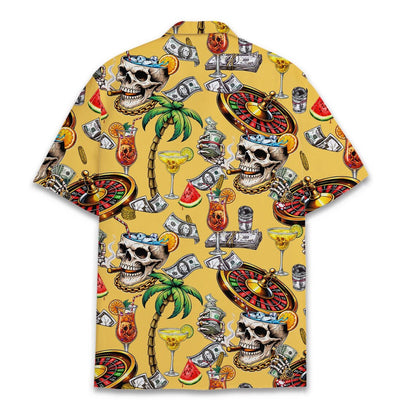 Skull and Money Hawaiian Shirt Men Women, Casino Aloha Shirt, Tropical Cocktail and Roulette Print Shirt, Gambling Shirt