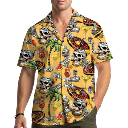 Skull and Money Hawaiian Shirt Men Women, Casino Aloha Shirt, Tropical Cocktail and Roulette Print Shirt, Gambling Shirt