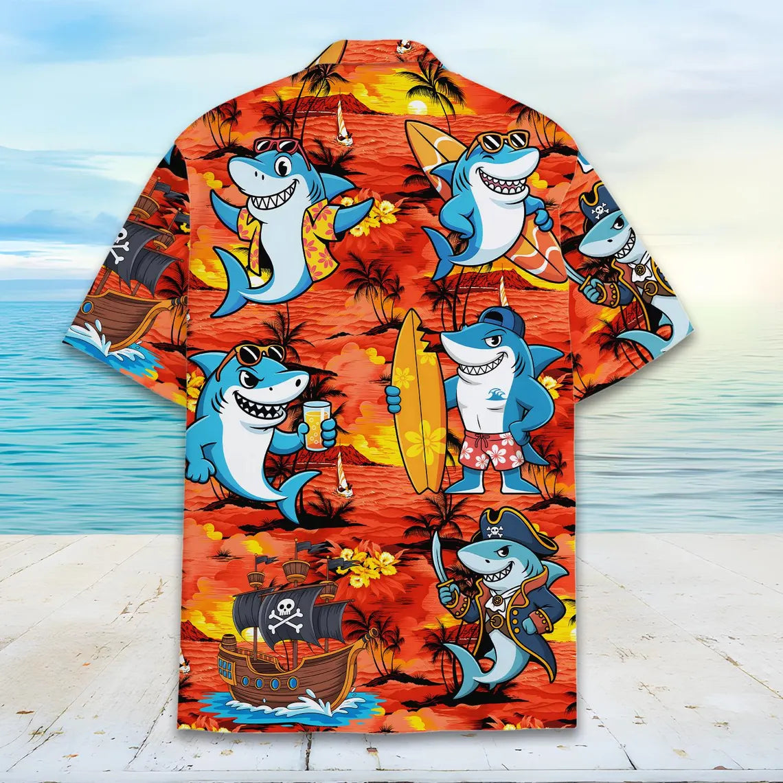 Funny Shark Hawaiian Shirt Unisex, Pirate Surfer Tropical Print, Beach Vacation Shirt Button Down, Summer Party Ocean Shirt