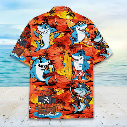 Funny Shark Hawaiian Shirt Unisex, Pirate Surfer Tropical Print, Beach Vacation Shirt Button Down, Summer Party Ocean Shirt