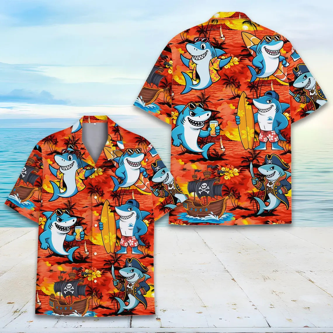 Funny Shark Hawaiian Shirt Unisex, Pirate Surfer Tropical Print, Beach Vacation Shirt Button Down, Summer Party Ocean Shirt