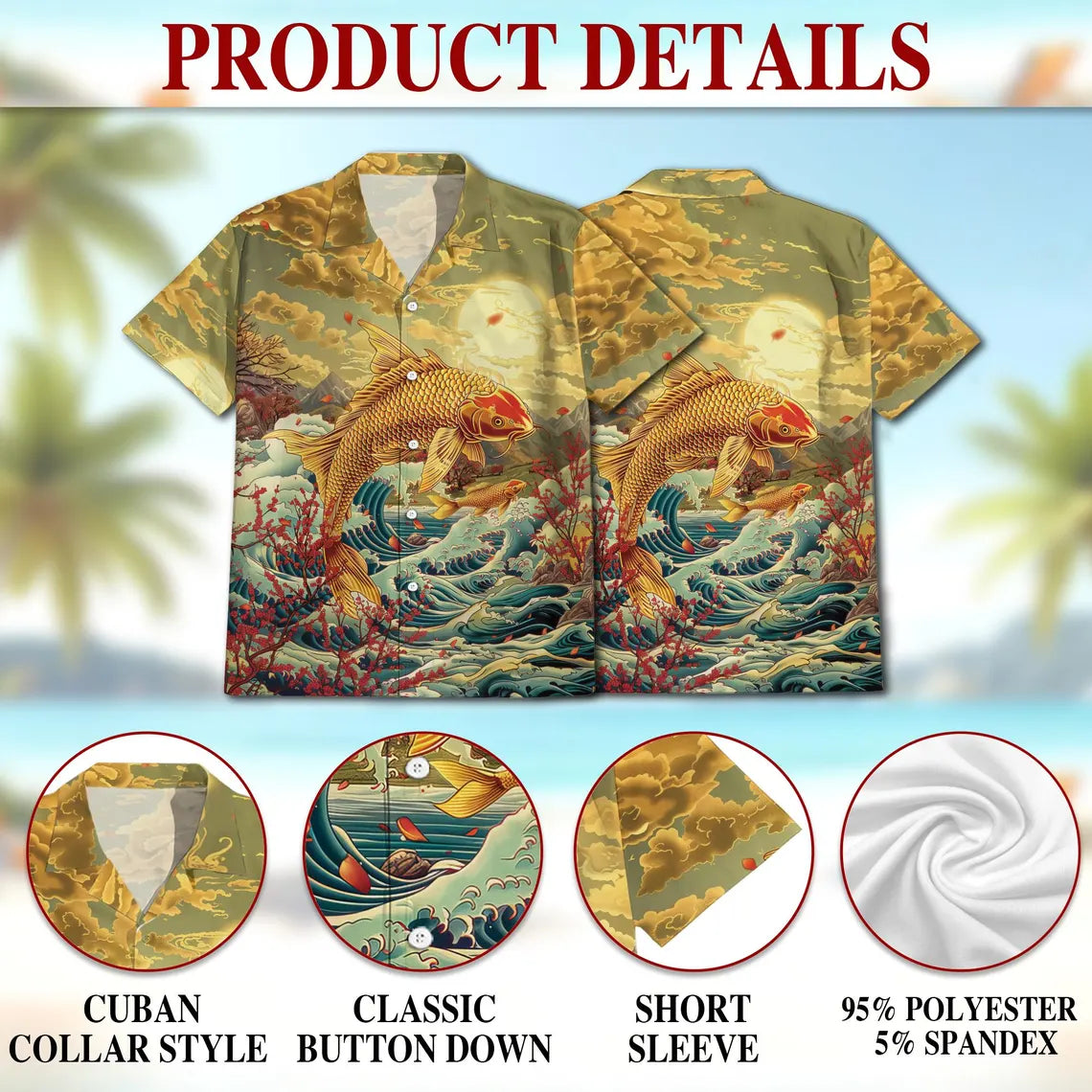 Japanese Koi Fish Hawaiian Shirt, Golden Wave Aloha Beach Top