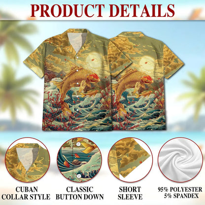 Japanese Koi Fish Hawaiian Shirt, Golden Wave Aloha Beach Top