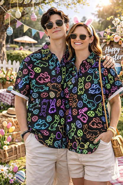 Easter Hawaiian Shirt, Lightweight Breathable Comfort, Neon Lights Bunny & Easter Egg Chest Pocket Print