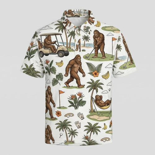 Funny Bigfoot Golf Polo Shirt, Tropical Golf Cart Sasquatch Polo