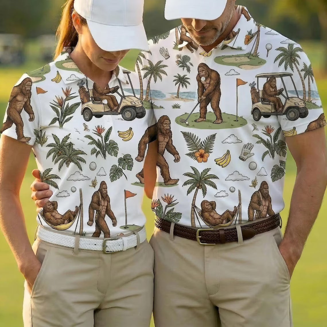 Funny Bigfoot Golf Polo Shirt, Tropical Golf Cart Sasquatch Polo