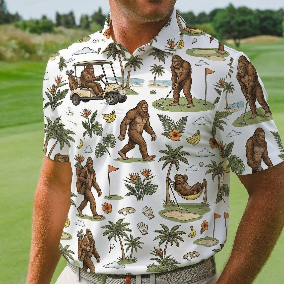 Funny Bigfoot Golf Polo Shirt, Tropical Golf Cart Sasquatch Polo