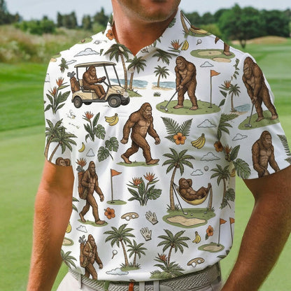 Funny Bigfoot Golf Polo Shirt, Tropical Golf Cart Sasquatch Polo