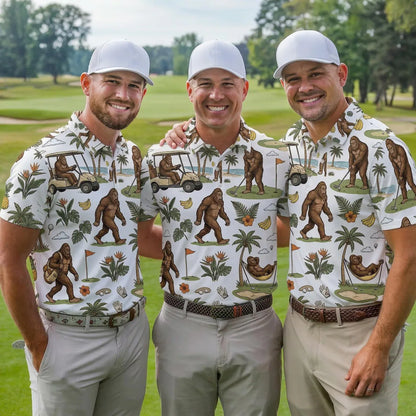 Funny Bigfoot Golf Polo Shirt, Tropical Golf Cart Sasquatch Polo