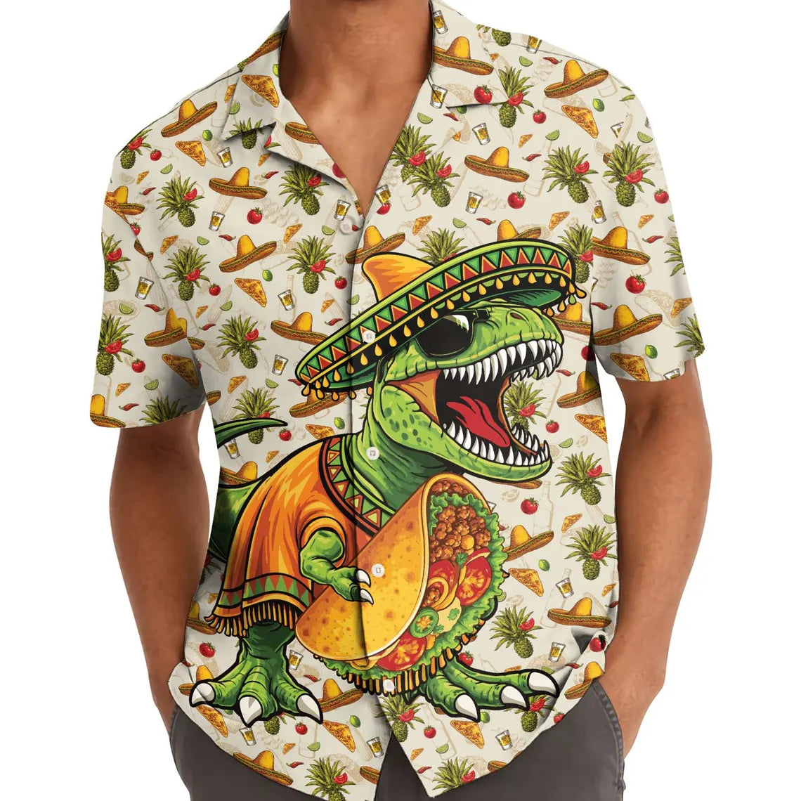 Dinosaur Taco Hawaiian Shirt, Men's Cinco de Mayo Fiesta Beach Aloha Shirt