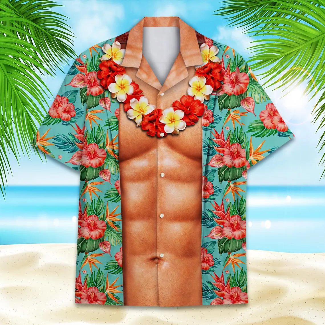 Funny Muscle Chest Hawaiian Shirt Men Women Youth, Men's Abs Aloha Shirt with Tropical Flowers, Summer Beach Party Shirt Button Down