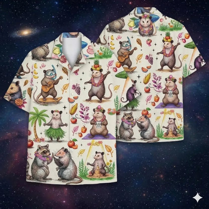 Funny Opossum Hawaiian Shirt Men Women , Vintage UFO Coffee Possum Shirt, Weird Animal Aloha Button Down Short Sleeve