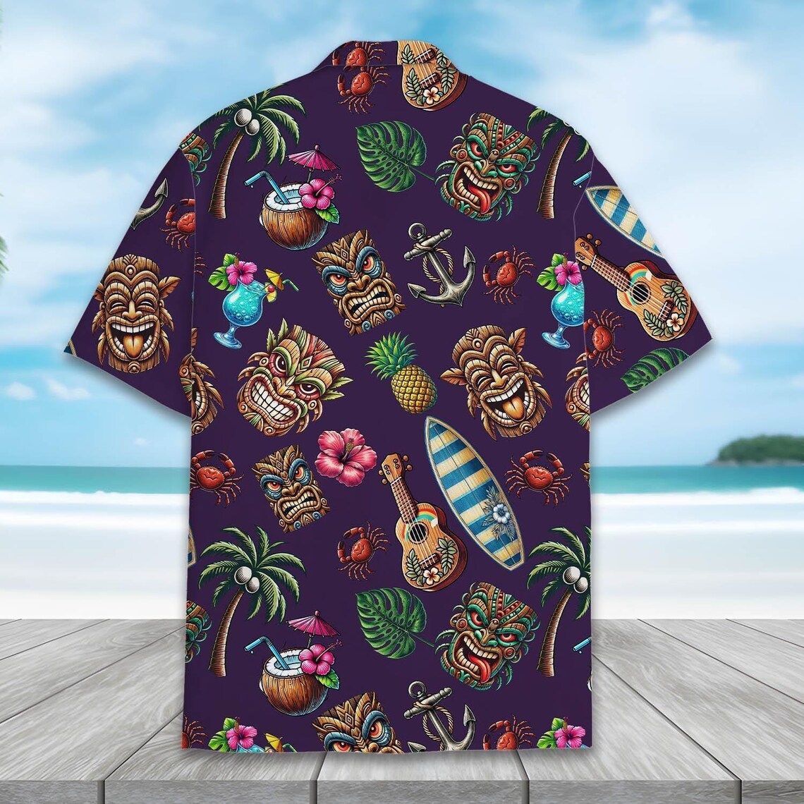 Tiki Hawaiian Shirt Summer Beach Aloha Print, Short Sleeve Button Down
