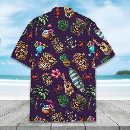 Tiki Hawaiian Shirt Summer Beach Aloha Print, Short Sleeve Button Down