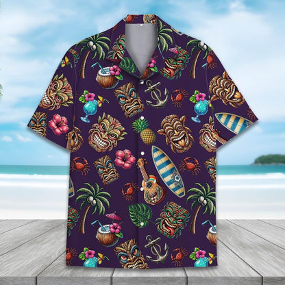 Tiki Hawaiian Shirt Summer Beach Aloha Print, Short Sleeve Button Down