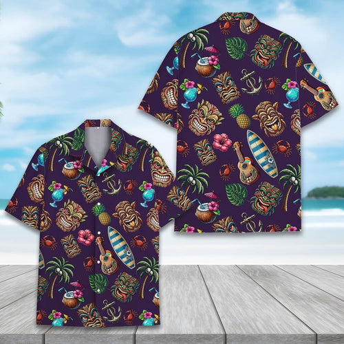 Tiki Hawaiian Shirt Summer Beach Aloha Print, Short Sleeve Button Down