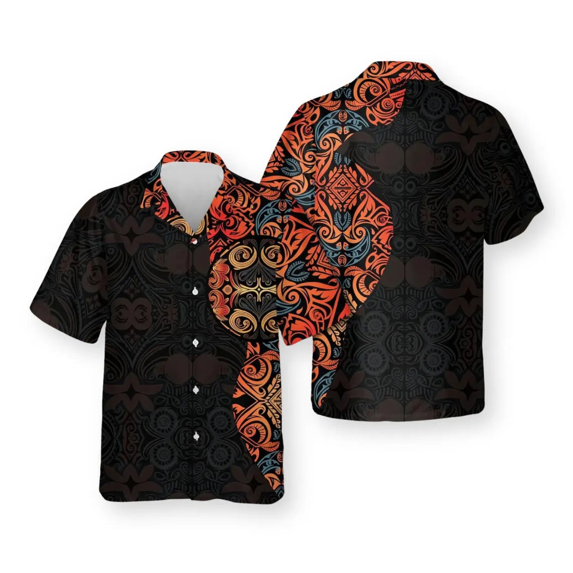 Polynesian Tribal Hawaiian Shirt, Black Orange Tiki Tattoo Aloha Button Up