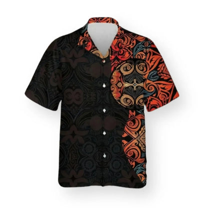 Polynesian Tribal Hawaiian Shirt, Black Orange Tiki Tattoo Aloha Button Up