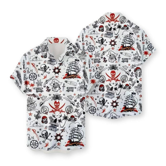 Pirates Hawaiian Shirt White, Nautical Skull Crossbones Ship Compass Print