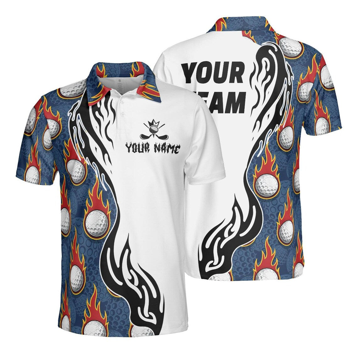 Custom Golf Polo, Flaming Golf Ball Shirt, Personalized Team Golf Jersey