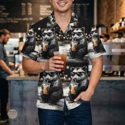 Retro Opossum Drinking Coffee Hawaiian Shirt Men Women Youth, Funny Opossum Aloha Shirt, Meme Animal Graphic Shirt