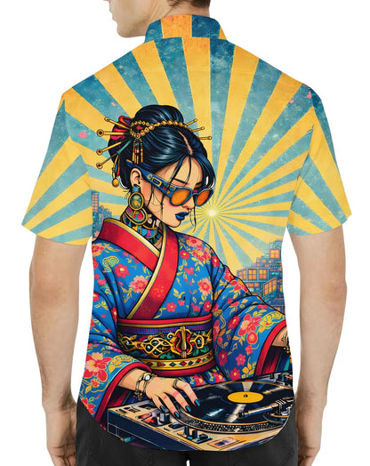 DJ Geisha Pocket Hawaiian Shirt for Men Women, Japanese Culture Music Aloha Shirt Button Down
