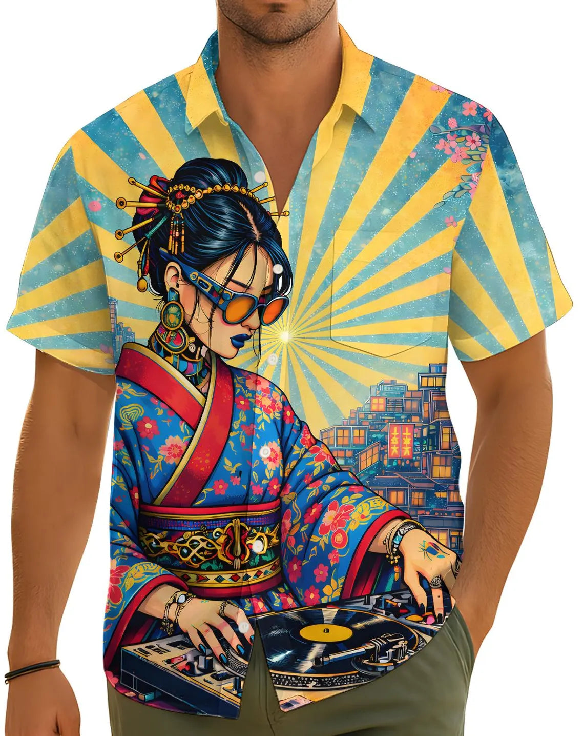 DJ Geisha Pocket Hawaiian Shirt for Men Women, Japanese Culture Music Aloha Shirt Button Down
