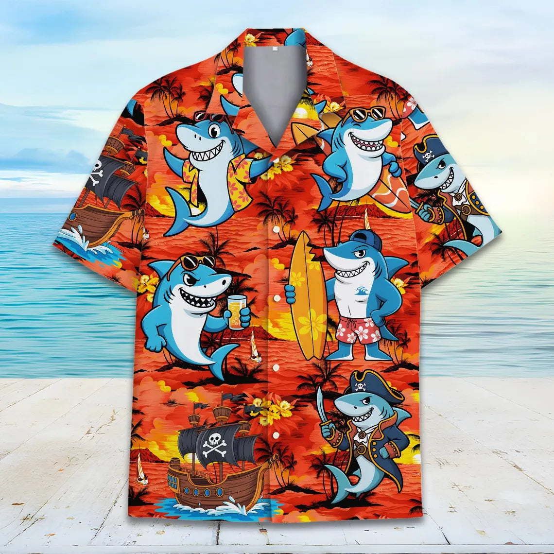 Funny Shark Hawaiian Shirt Unisex, Pirate Surfer Tropical Print, Beach Vacation Shirt Button Down, Summer Party Ocean Shirt