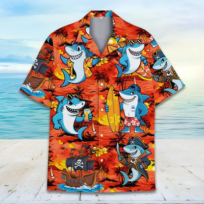 Funny Shark Hawaiian Shirt Unisex, Pirate Surfer Tropical Print, Beach Vacation Shirt Button Down, Summer Party Ocean Shirt