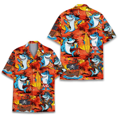 Surfing Shark Hawaiian Shirt Men Women Youth, Funny Pirate Shark Aloha Shirt